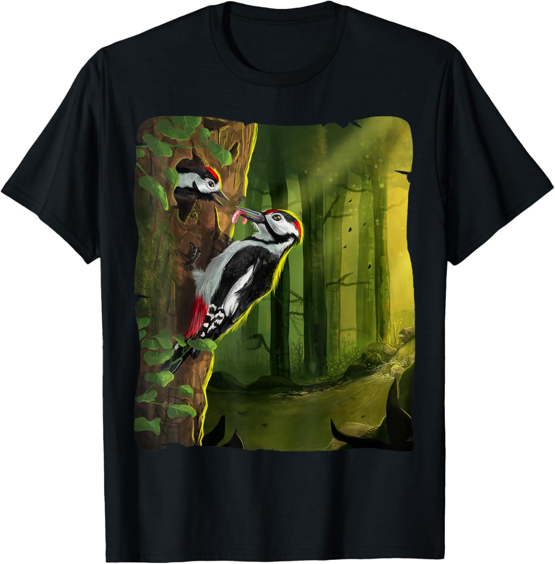 Buntspecht füttert Nachwuchs, Specht Vogel Illustration T-Shirt