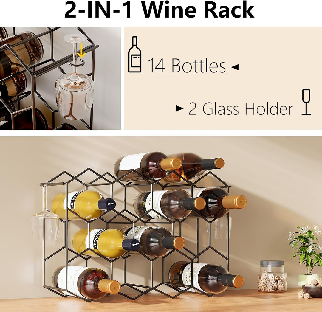 Urban Deco Weinregal für 14 Flaschen aus Metall, Flaschenregal schwarz mit 2 Haken für 2 Weingläser,