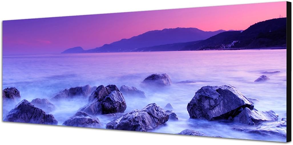 Paul Sinus Art Panoramabild auf Leinwand und Keilrahmen 150x50cm Abenddämmerung Meer Felsen Berge