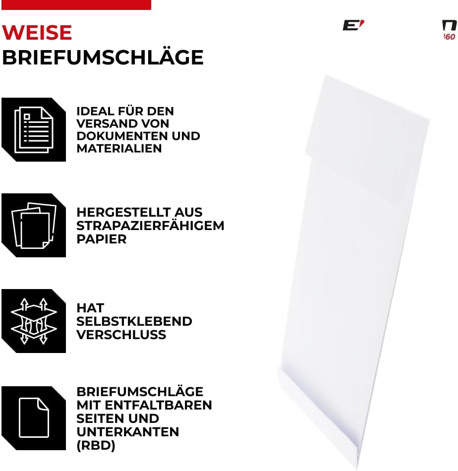 Emerson 250x Versandtasche DIN B4 Weiss 352x250x50 120 g RBD Weiss Versandtaschen gross ohne Fenster