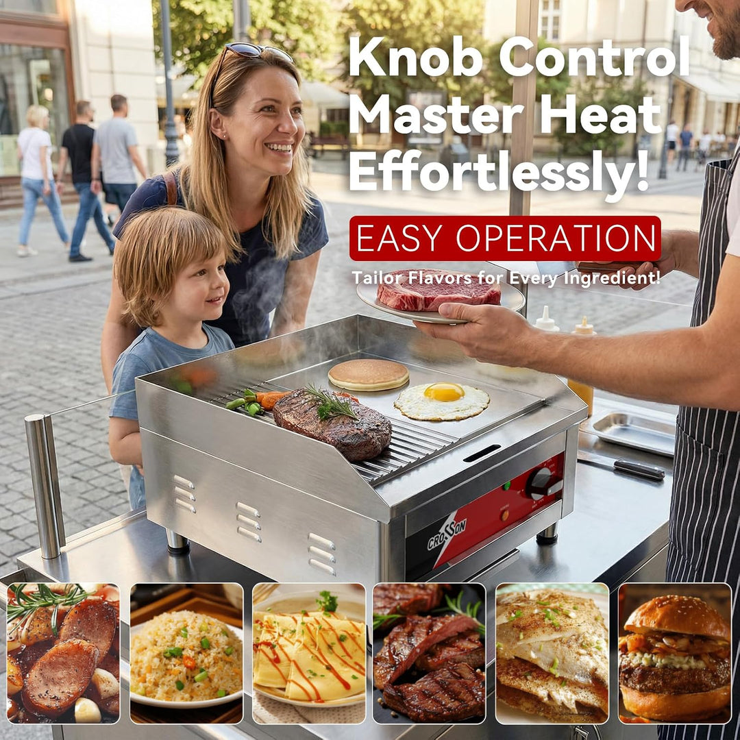 CROSSON Profi Gastro Grillplatte Elektrisch mit halb glatter und halb gerillter Grillfläche (40 x 40
