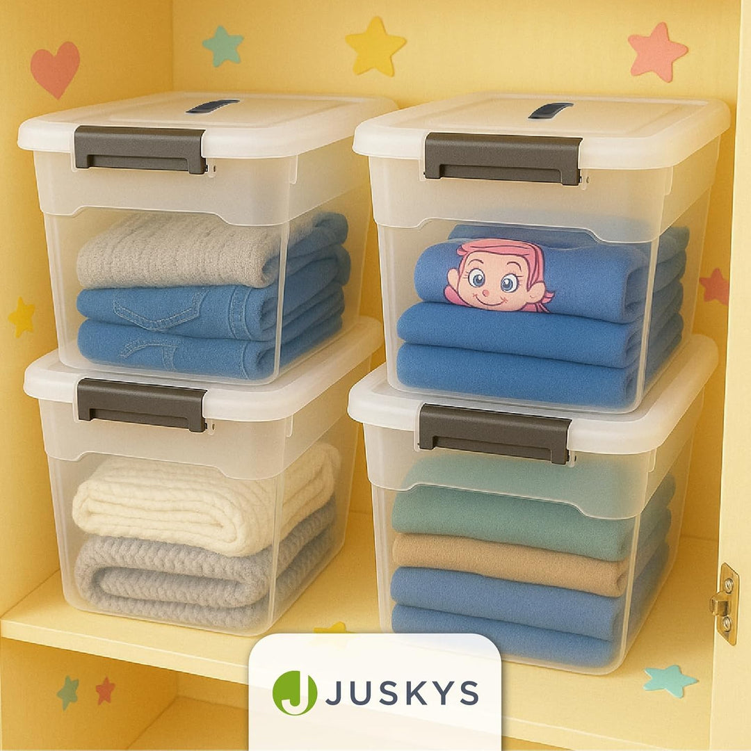 Juskys Aufbewahrungsbox mit Deckel - 4er Set Kunststoff Boxen 30l - Box gross, stapelbar, transparen