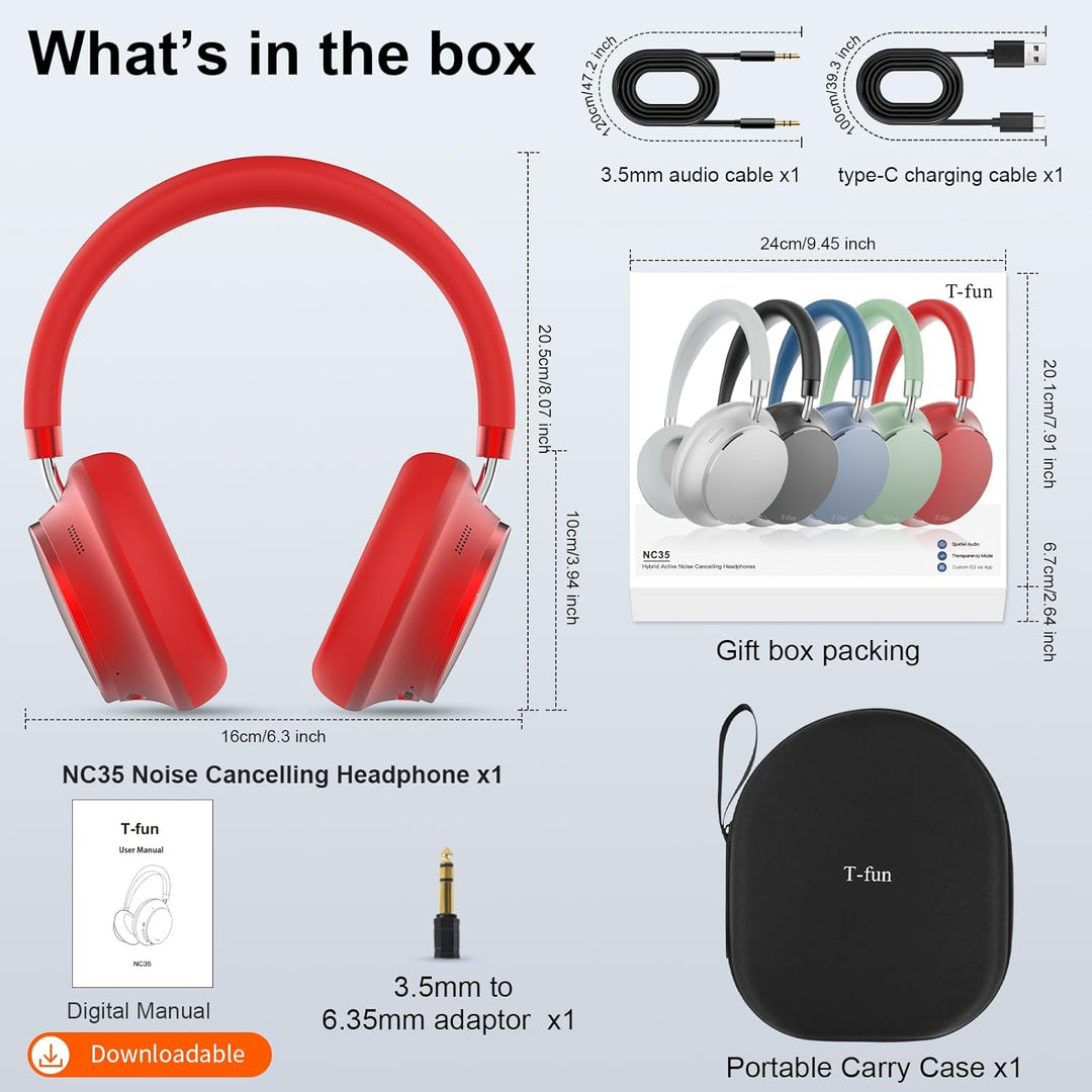 T-fun NC35 Hybrid Kopfhörer mit Aktiver Geräuschunterdrückung,Kabellose Over-Ear mit Räumlichem Klan