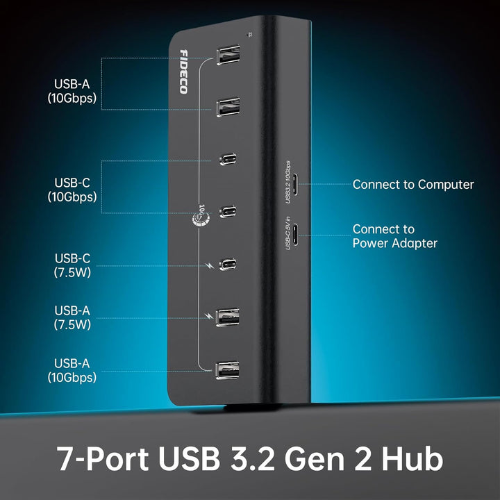 FIDECO USB Hub mit Netzteil, 7 Port USB 3.2 Gen 2, 10Gbit/s Schneller Datenhub, Vollaluminium-Verlän