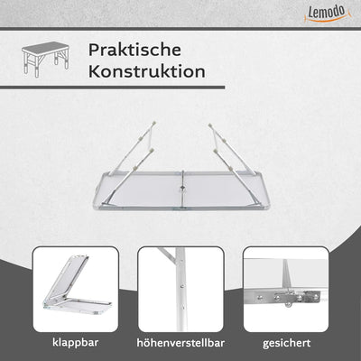 Lemodo Campingtisch weiss klappbar | Klapptisch 3-Fach höhenverstellbar | Falttisch 120 x 60 cm | Le