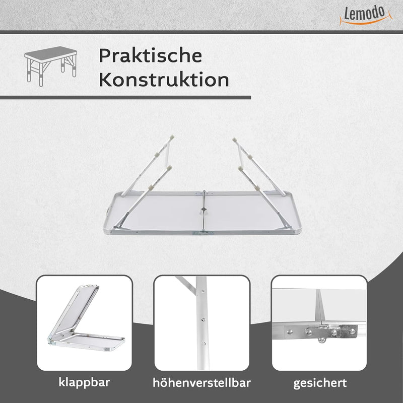 Lemodo Campingtisch weiss klappbar | Klapptisch 3-Fach höhenverstellbar | Falttisch 120 x 60 cm | Le