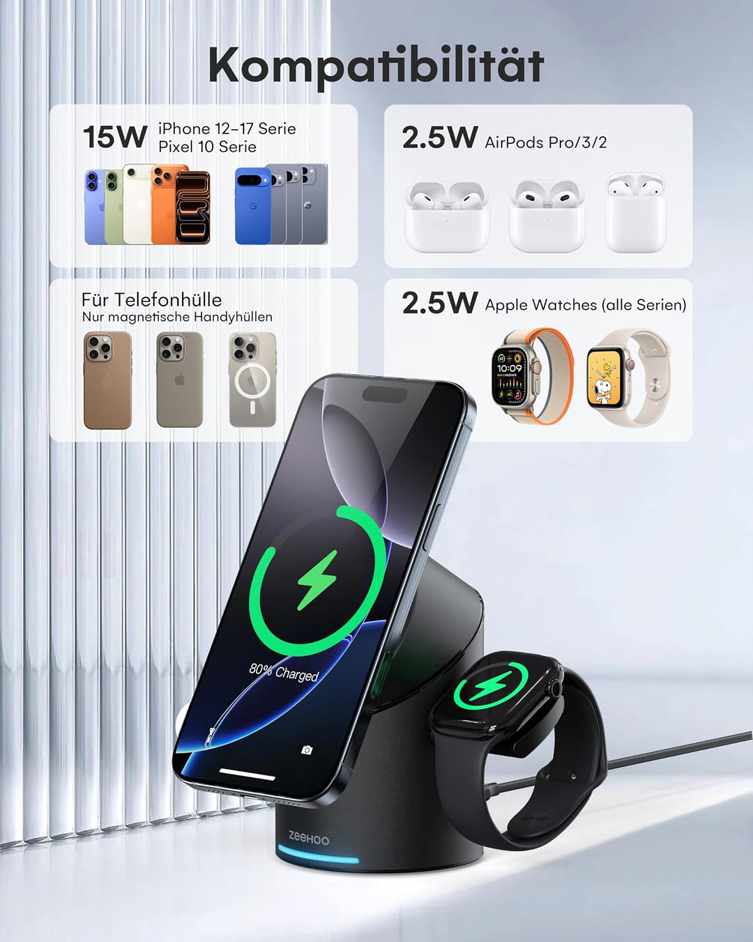 ZEEHOO 3 in 1 Ladestation für Apple Magsafe Ladegerät, QI2 Wireless Charger 15W Induktive Ladestatio
