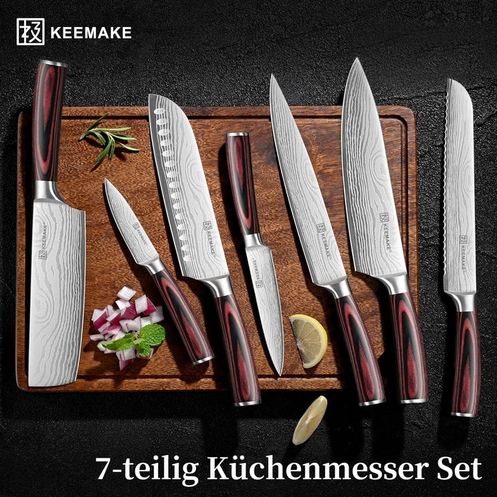 KEEMAKE Küchenmesser Set 7 teilig, Messerset aus Edelstahl mit Profi Brotmesser Kochmesser Santoku M
