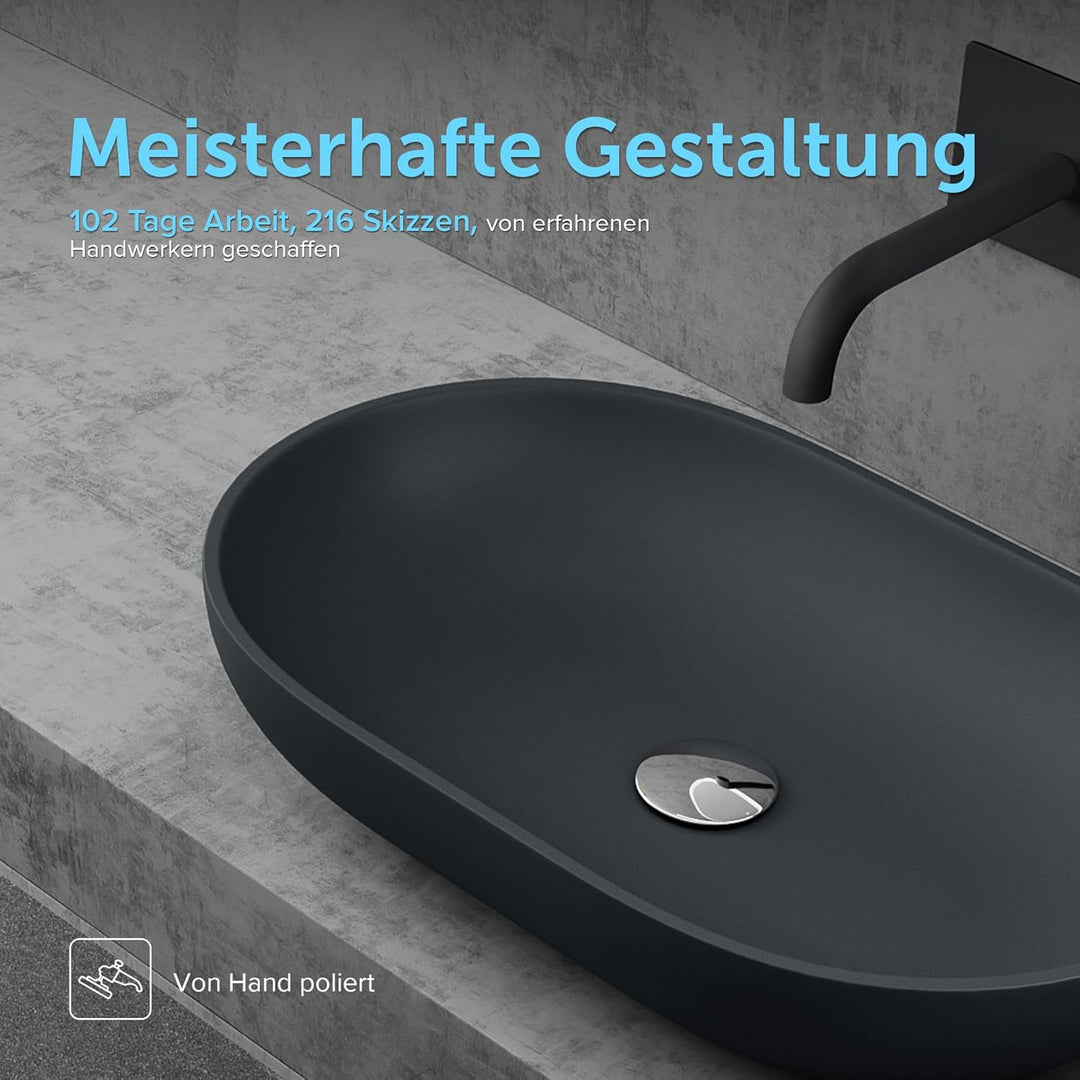 doporro Design Waschbecken Bad 54x34x10,5cm | Waschtisch aus hochwertigem Guss-Marmor in Anthrazit m