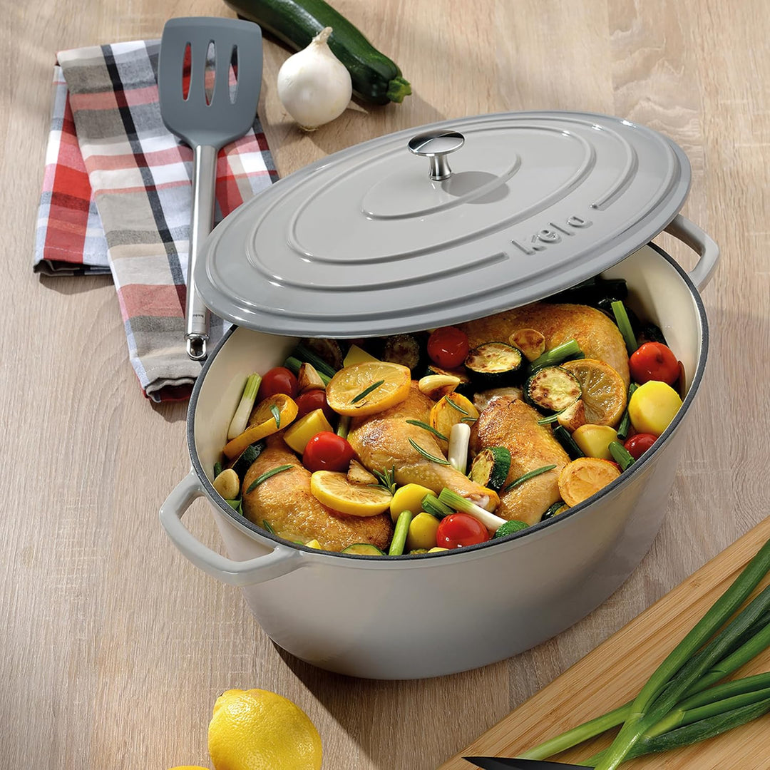 kela Bräter Gusseisen oval 9,3 Liter, Dutch Oven CALIDO, Induktion Gussbräter mit Deckel backofengee