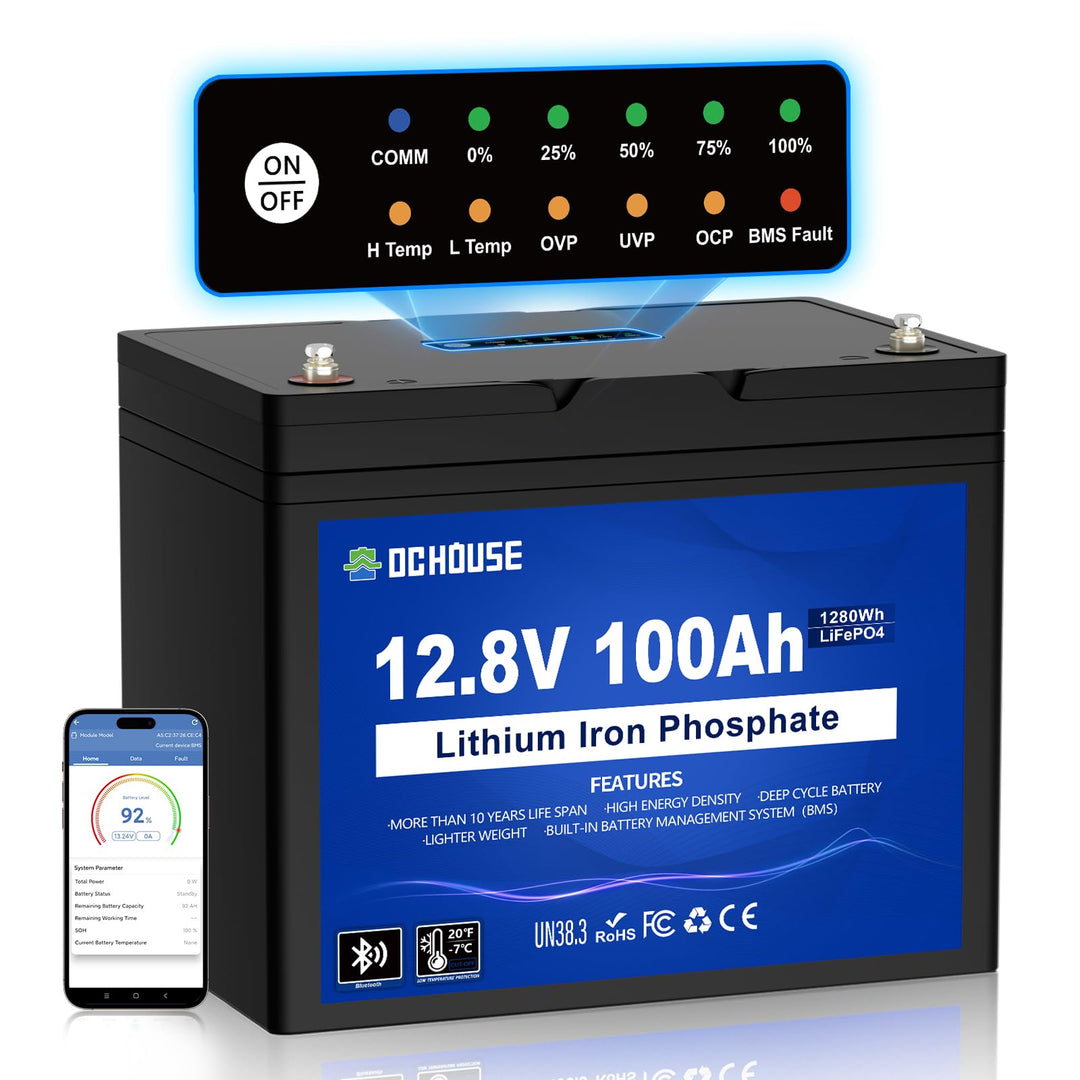 DCHOUSE 12V 100Ah LiFePO4 Bluetooth Lithium Batterie mit SOC-Leuchte und BMS-Anzeige, Niedertemperat