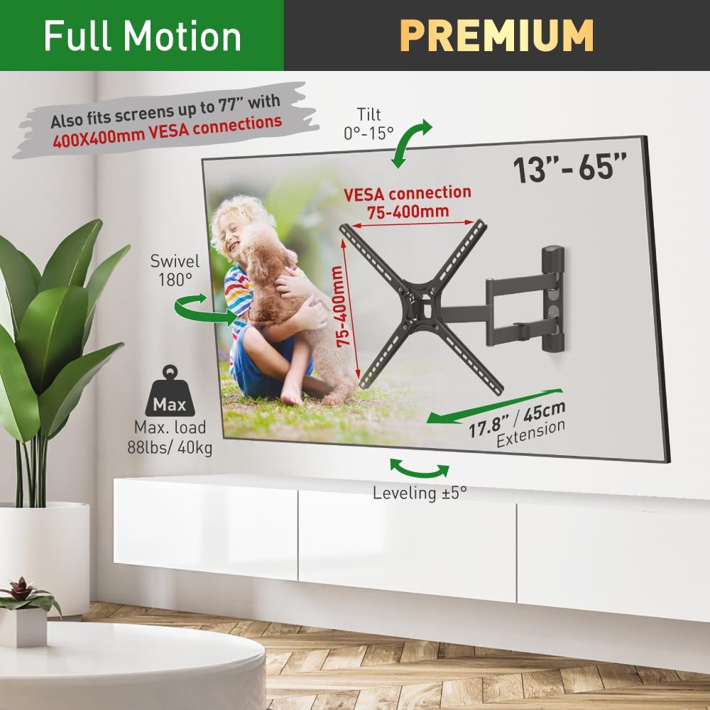 Barkan TV Wandhalterung, 29 - 65 Zoll Schwenkbar / Neigbar / Vollbewegung flach & curved Fernseher T
