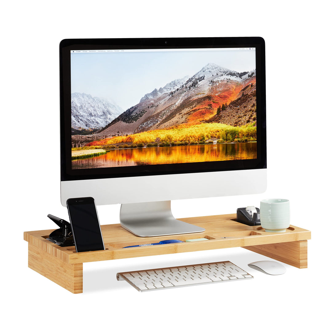 Relaxdays Monitorständer Bambus, Bildschirmerhöhung für Laptop, Bildschirmständer mit Stauraum, HBT