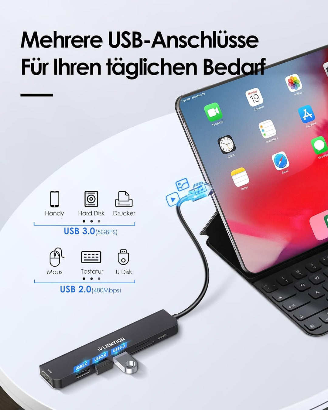 LENTION USB C Hub mit 100W PD Aufladung, 4K@60Hz HDMI, SD/TF Kartenleser, USB 3.0, Adapter USB C kom