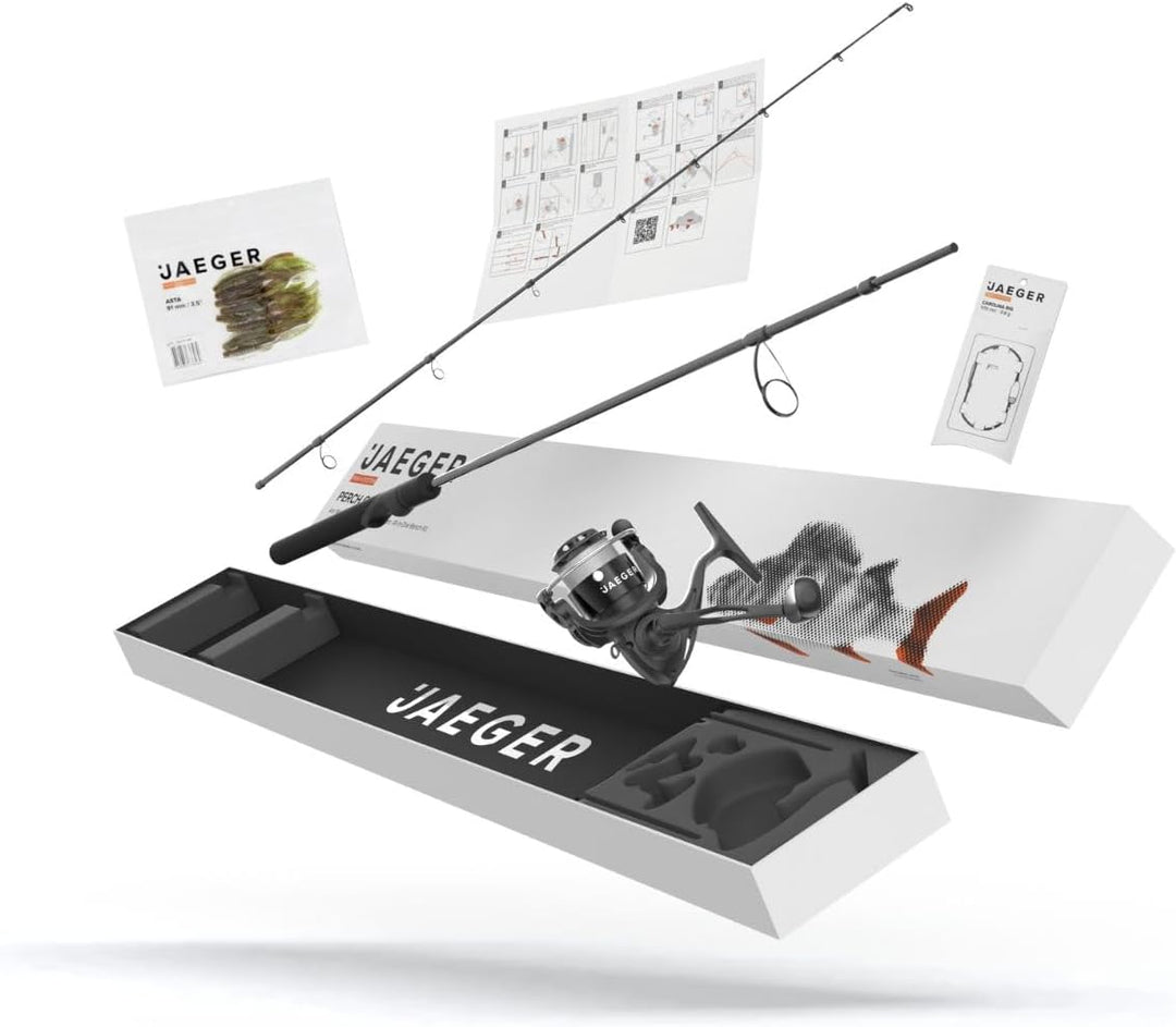 Barsch Angelset Perch Go Kit, komplettes Set mit Rute, Rolle, geflochtener Schnur, Carolina Rig, opt