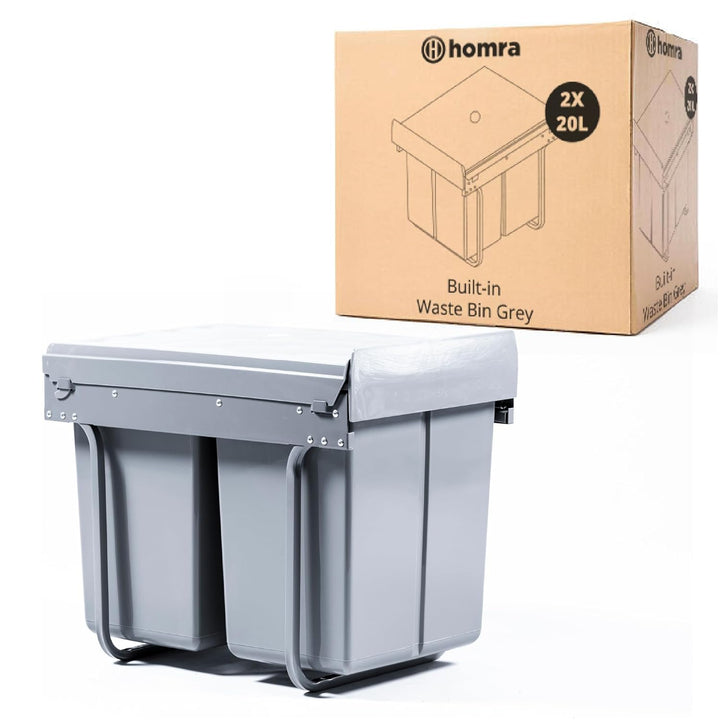 Homra Mülleimer 2 Fächer Ausziehbar | Einbaumülleimer Küche 2x20l | Mülltrennsystem Unterschrank | D