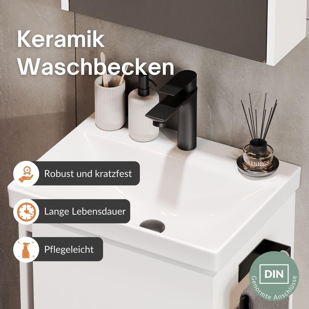 Planetmöbel Waschtisch mit Unterschrank 50 cm inkl. Waschtischarmatur schwarz, Badmöbel Set mit Wasc