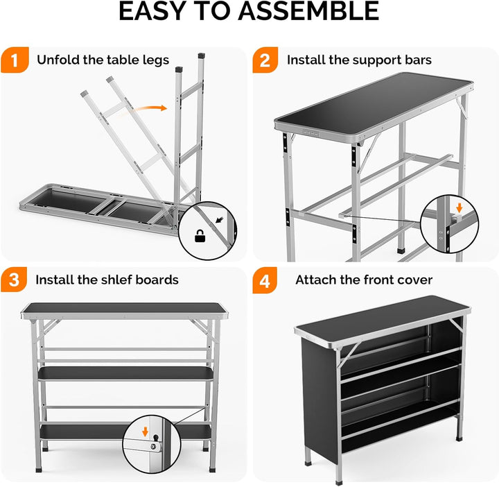 Bonnlo Campingtisch aus Aluminium, Klappbarer Outdoor Bartisch, Leicht & Tragbar, 2-stufige Ablage m