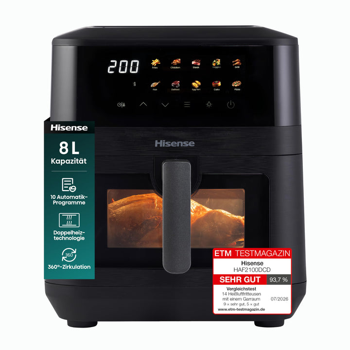 Hisense HAF2100DCD Heissluftfritteuse /2100 W /7,7 L Kapazität /10 voreingestellte Programme/Antihaf