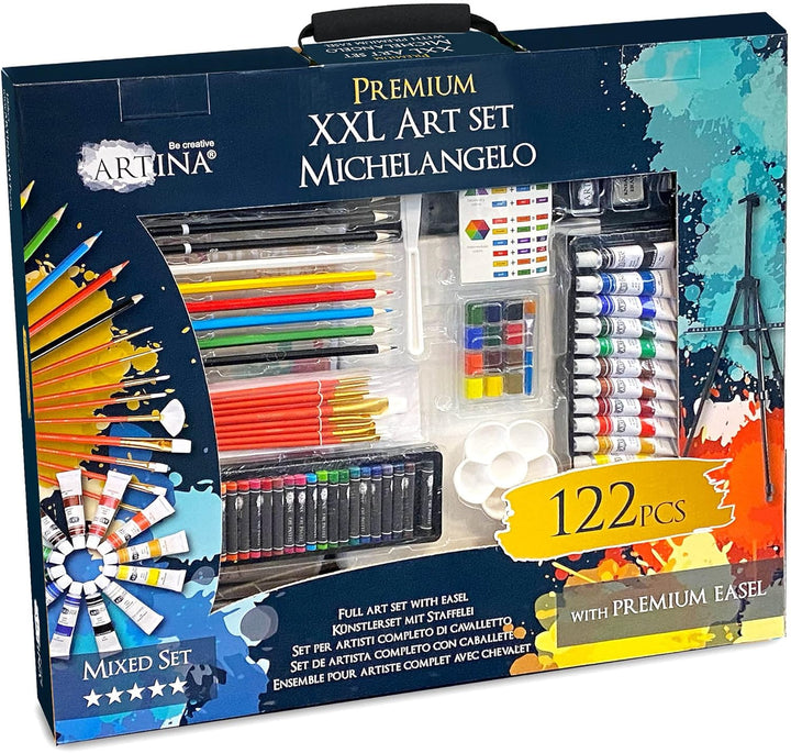 Artina 122tlg XXL Malset mit Staffelei Michelangelo – Künstler Set Acryl &amp; Zeichenset – Buntstifte,