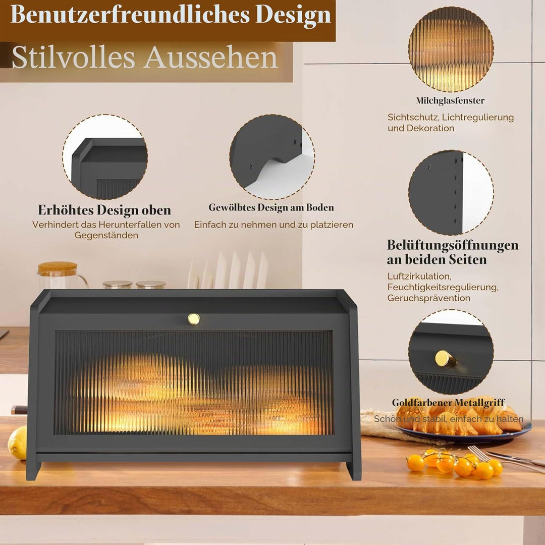 R S Trade Brotkasten Schwarz für Brotaufbewahrung, Brotkasten Bambus Holz Brotbox für Selbstgebacken