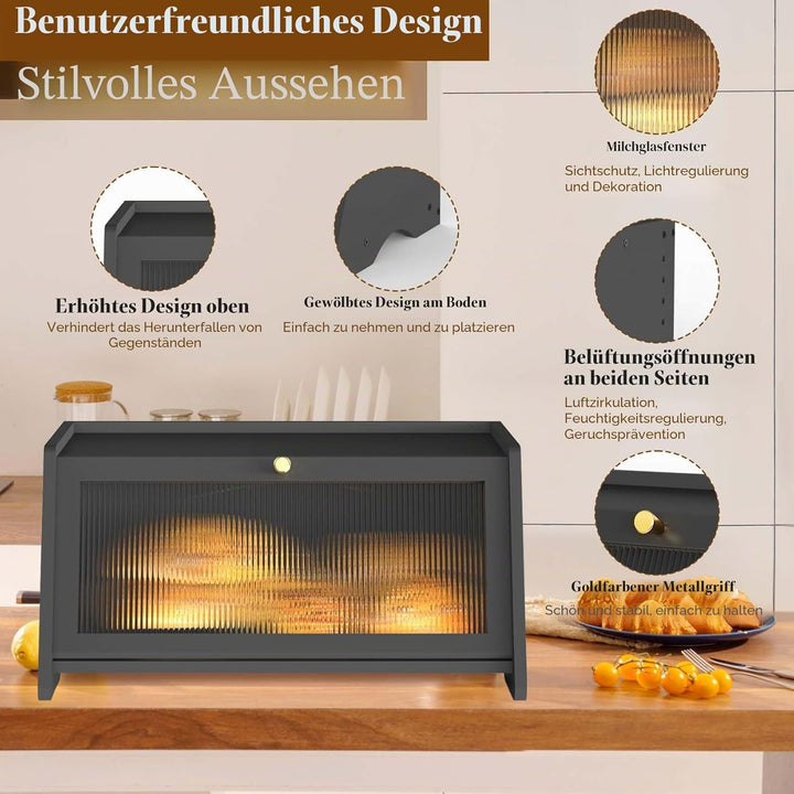 R S Trade Brotkasten Schwarz für Brotaufbewahrung, Brotkasten Bambus Holz Brotbox für Selbstgebacken