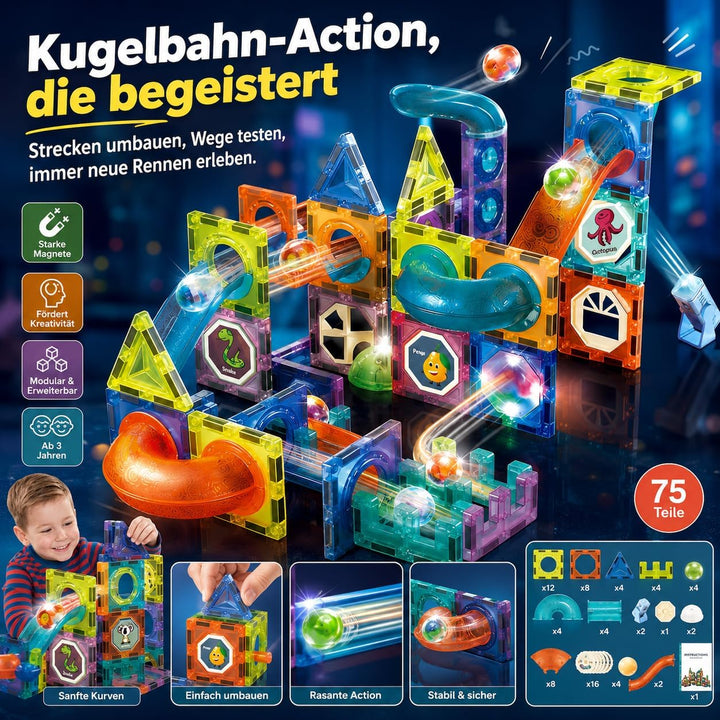 LightCube Magnetspielbausteine, (kreatives Spielset, 75 St., Kombiniertes BAU- und Kugelbahnsystem),