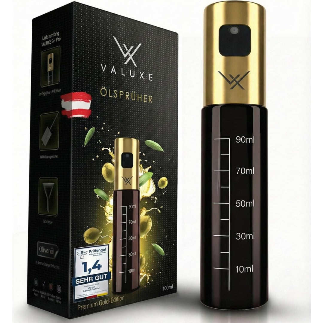 VALUXE® Ölsprüher für Speiseöl und Essig mit UV-Schutz Glas & Sprühfilter - Edelstahl Öl-Sprühflasch