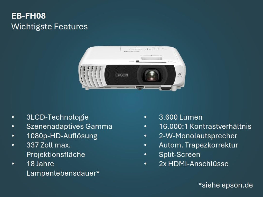 Epson EB-FH08 3LCD-Projektor (3.600 Lumen) 337 Zoll, ca. 8,56 m Bilddiagonale, 2 HDMI, 1.920x1.080p