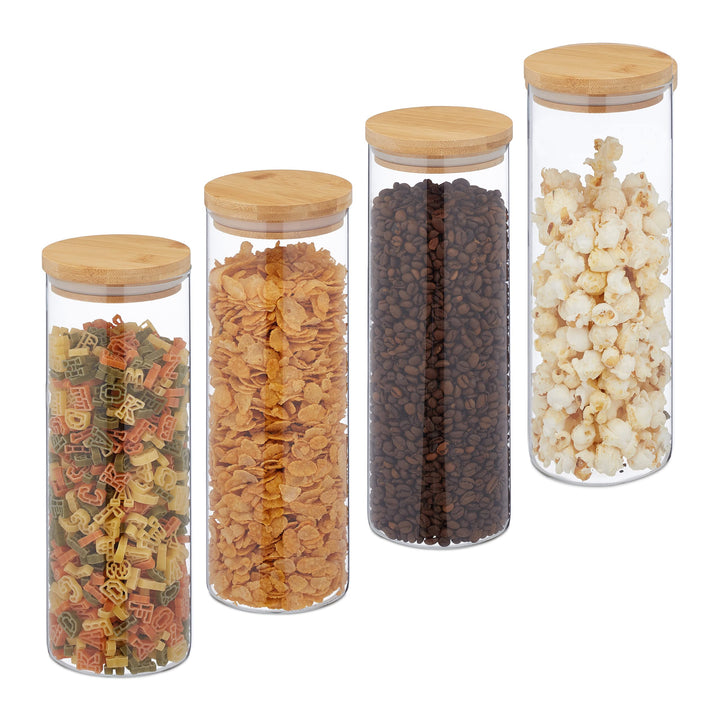 Relaxdays Vorratsgläser mit Bambusdeckel, 4er Set, runde Vorratsdosen aus Glas, 1600 ml, luftdicht,