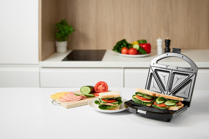 MPM MOP-50M Sandwichmaker 750W - Sandwichtoaster mit Edelstahlgehäuse, 4 Dreieck-Sandwiches, Antihaf