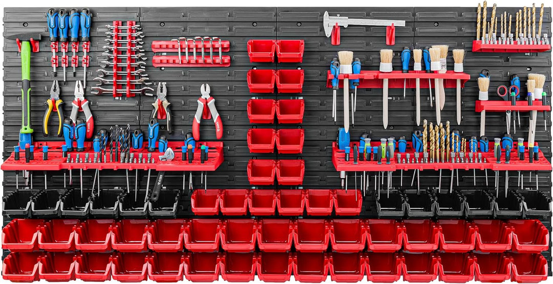 Lagersystem Werkstattregal | 156 x 78 cm | 58 stck. Box | Wandregal mit Werkzeughalterungen und Stap