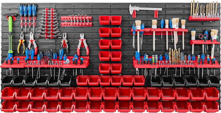 Lagersystem Werkstattregal | 156 x 78 cm | 58 stck. Box | Wandregal mit Werkzeughalterungen und Stap