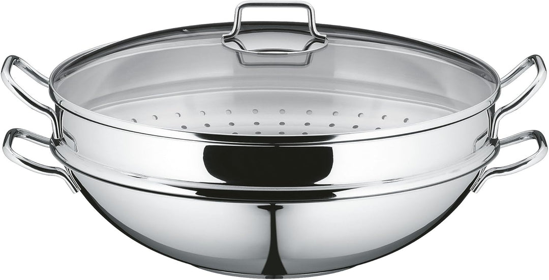 WMF Macao Wok-Set Induktion 4-teilig, Wok-Pfanne 36 cm mit Glasdeckel, Ablagegitter, Dämpfereinsatz
