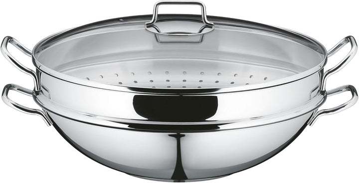 WMF Macao Wok-Set Induktion 4-teilig, Wok-Pfanne 36 cm mit Glasdeckel, Ablagegitter, Dämpfereinsatz