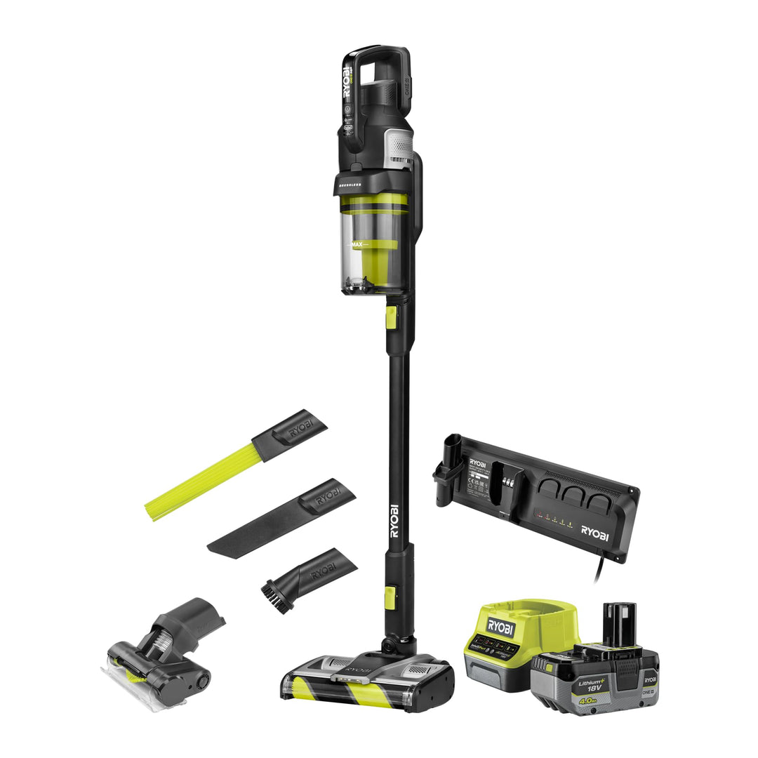 RYOBI 18 V ONE+ Brushless Bodenhandsauger RASV18BL-1C40GL, 135 AW Saugleistung, Dual-Zyklonen HEPA 1