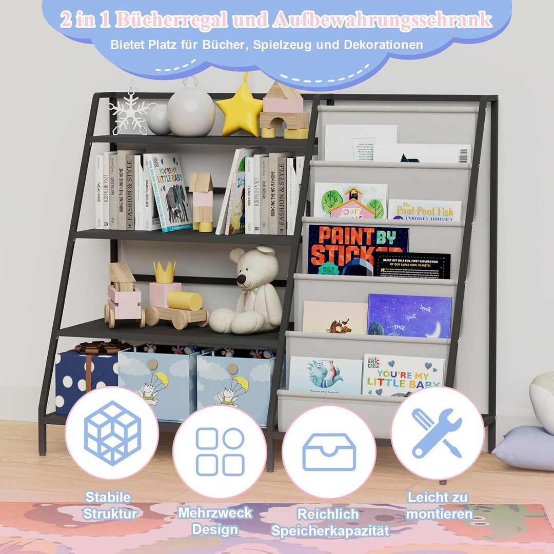 Bücherregal Kinder Metall mit 5 Fächern und 3 Abalege, Kinderregal Montessori Spielzeug-Organizer fü