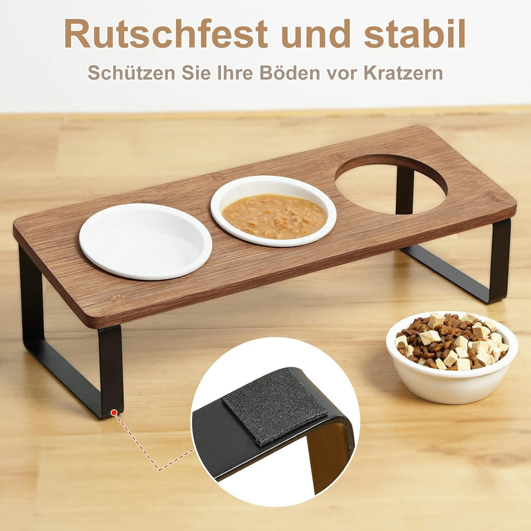 GUUSII HOME Katzennapf Erhöht Futternapf Katze Futterstation, Keramik Napf, Fressnapf 3er Set Holz,
