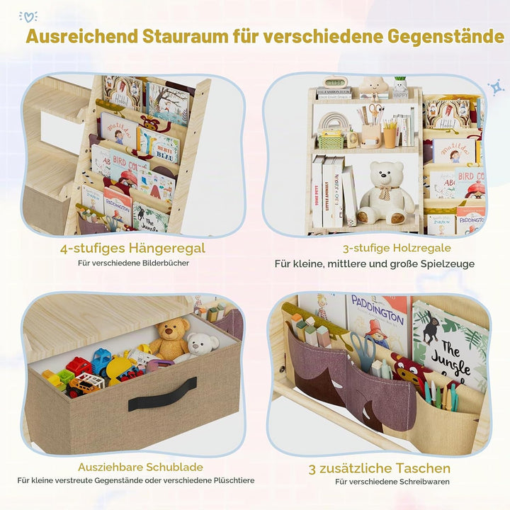 Kinderregal mit Spielzeugorganizer 2-in-1 – Bücherregal aus Holz &amp; Stoff mit 4 Fächern, Schublade &amp;