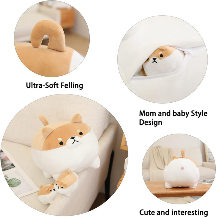 SQEQE Stuffed Animal Shiba Inu Plush Toy with 4 Baby Shiba Inu Plushies in her Tummy, Stuffed Cotton