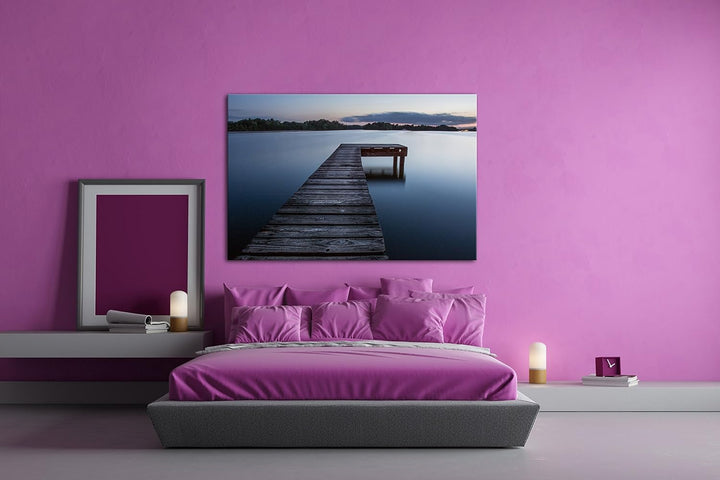 deyoli Bootssteg am ruhigem See Format: 100x70 als Leinwand, Motiv fertig gerahmt auf Echtholzrahmen