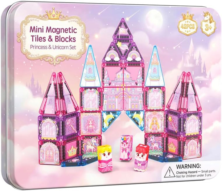 Magnetische Bausteine Reisespielzeug für Mädchen: 42pcs Prinzessin & Einhorn Tiles in Tragbarer Meta