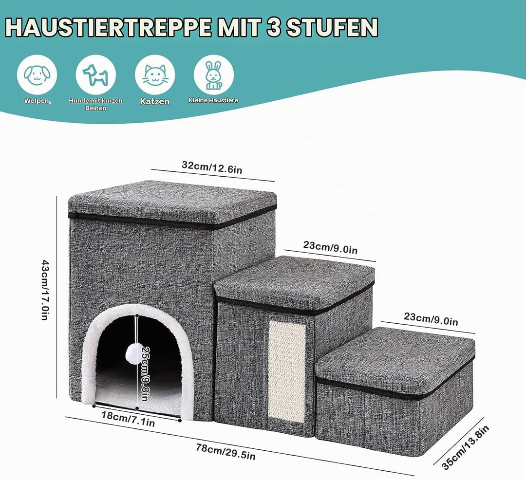 4 in 1 Faltbare Hundetreppe für Bett &amp; Sofa, 3 Stufen Haustierleiter mit Aufbewahrungsboxen, Katzenh