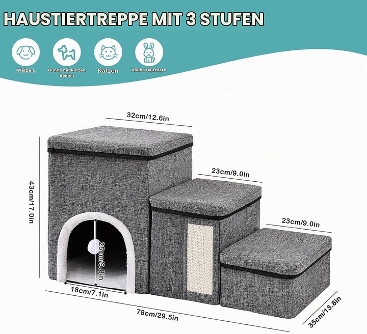 4 in 1 Faltbare Hundetreppe für Bett &amp; Sofa, 3 Stufen Haustierleiter mit Aufbewahrungsboxen, Katzenh