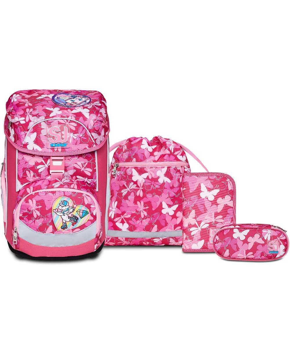 SJ Set 4-teilig Ergonomischer Schulranzen + Gefülltes Mäppchen mit Stiften, Gummi, usw. + Mäppchen m