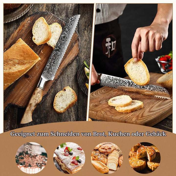 HEZHEN Damast Brotmesser, Profi Kuchenmesser mit Wellenschliff, Gezackten Küchenmesser, Ergonomische