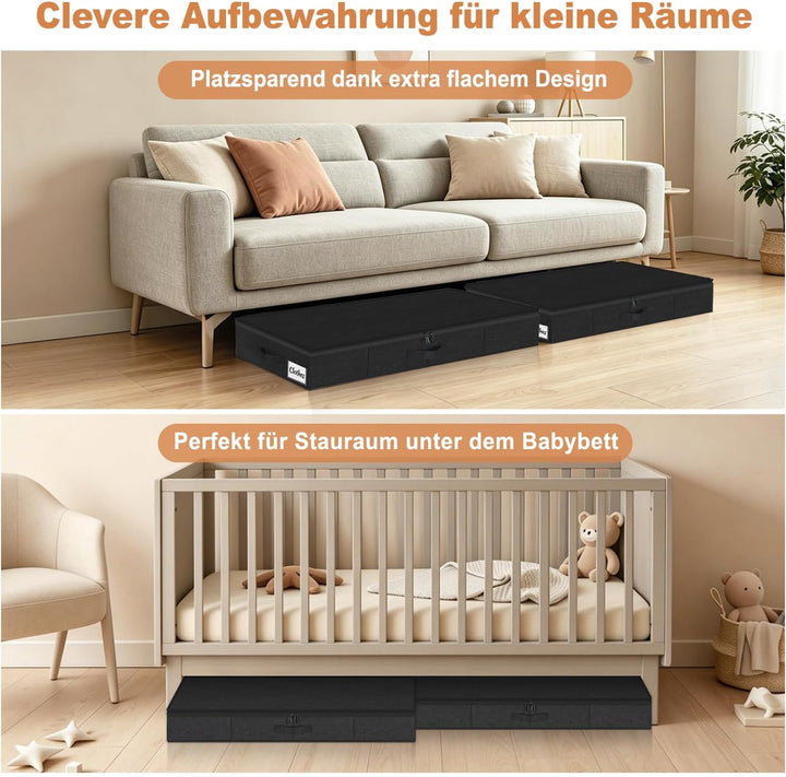 Unterbett Aufbewahrungsbox mit Deckel 12cm hoch, 2 Stück Faltbar Unterbettkommode, Waschbar Kleidera