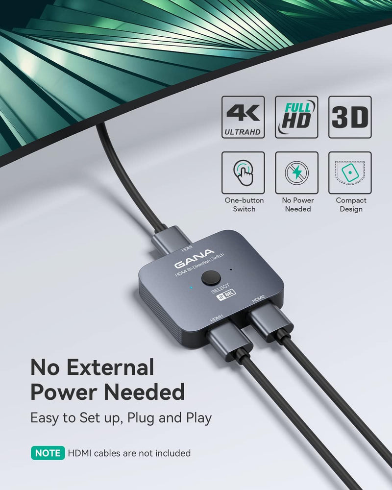 HDMI Splitter 8K@60Hz 4K@120Hz, GANA HDMI 2.1 Switch, Aluminium Bidirektional HDMI Switcher 2 In 1 O