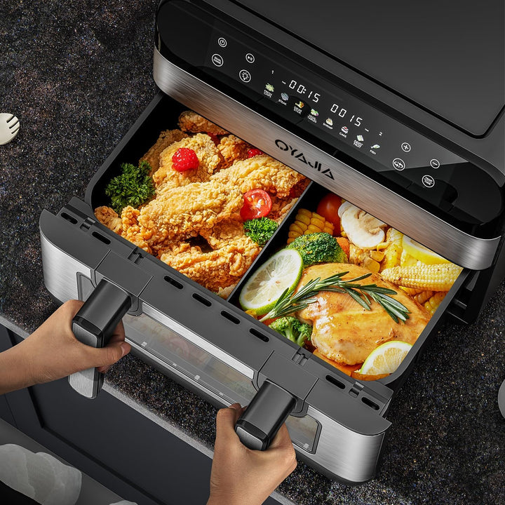 Heissluftfritteuse mit Sichtfenster, 10L XL Kapazität Doppel-Airfryer, 8-in-1 Kochvorgaben, LED Touc