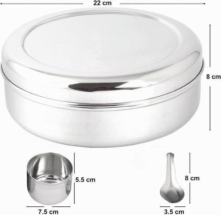 KSJONE Doppeldeckel-Gewürzbehälter Masala Dabba mit 7 Fächern und 7 Löffeln, Masala-Box, Gewürzbehäl